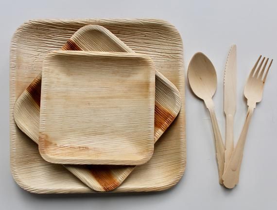 Natural Palm Leaf Plates Party Packaging 25pieces of Each 9_5 Square 7 5 Bowl and Cutlery Set 75 Pieces Compostable - Etsy